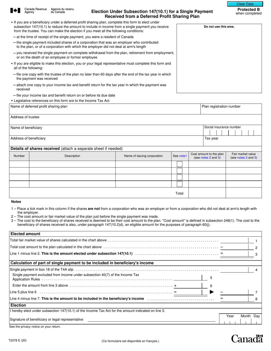 Form T2078 Election Under Subsection 147(10.1) for a Single Payment Received From a Deferred Profit Sharing Plan - Canada, Page 1