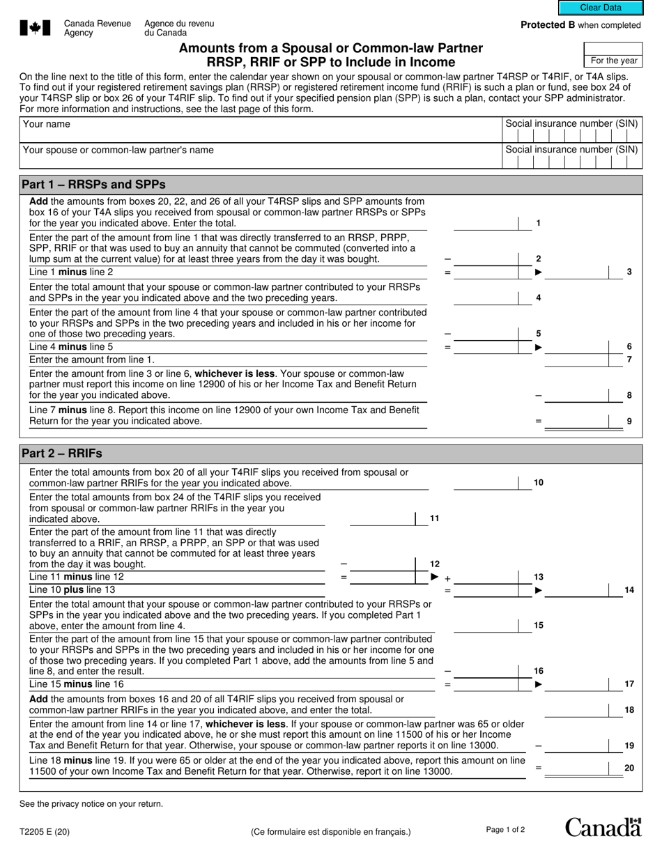 Form T2205 Amounts From a Spousal or Common-Law Partner Rrsp, Rrif or Spp to Include in Income - Canada, Page 1