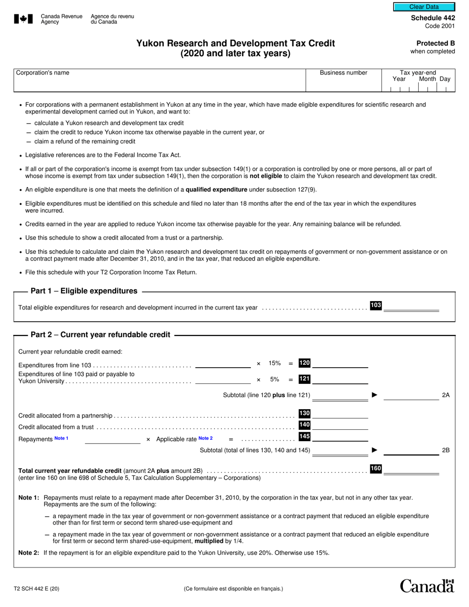 Form T2 Schedule 442 Yukon Research and Development Tax Credit (2020 and Later Tax Years) - Canada, Page 1