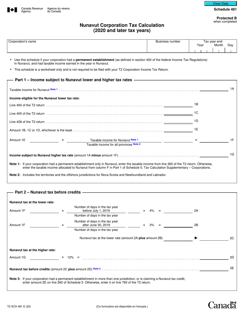 Form T2 Schedule 481 Nunavut Corporation Tax Calculation (2020 and Later Tax Years) - Canada, Page 1
