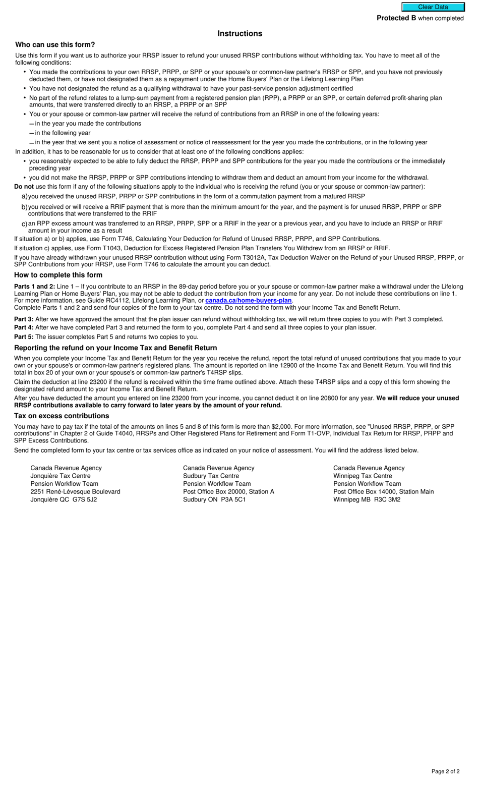 Form T3012A Tax Deduction Waiver on the Refund of Your Unused Rrsp, Prpp, or Spp Contributions From Your Rrsp - Canada, Page 2