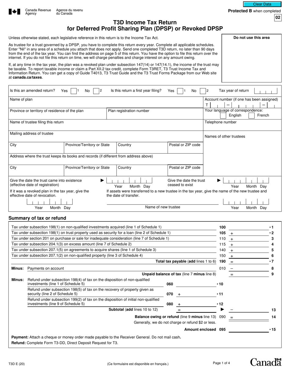 Form T3D Income Tax Return for Deferred Profit Sharing Plan (Dpsp) or Revoked Dpsp - Canada, Page 1