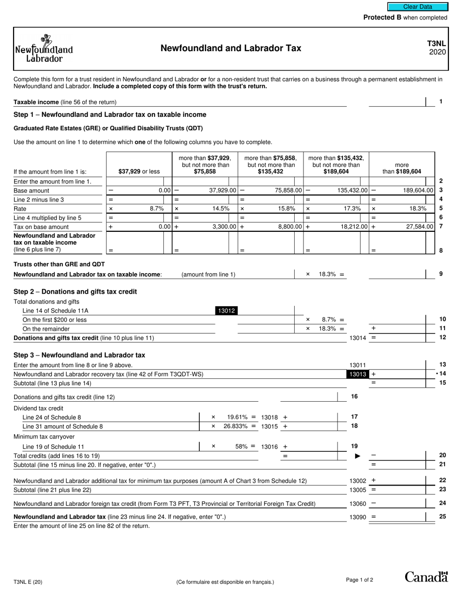 Form T3NL Newfoundland and Labrador Tax - Canada, Page 1