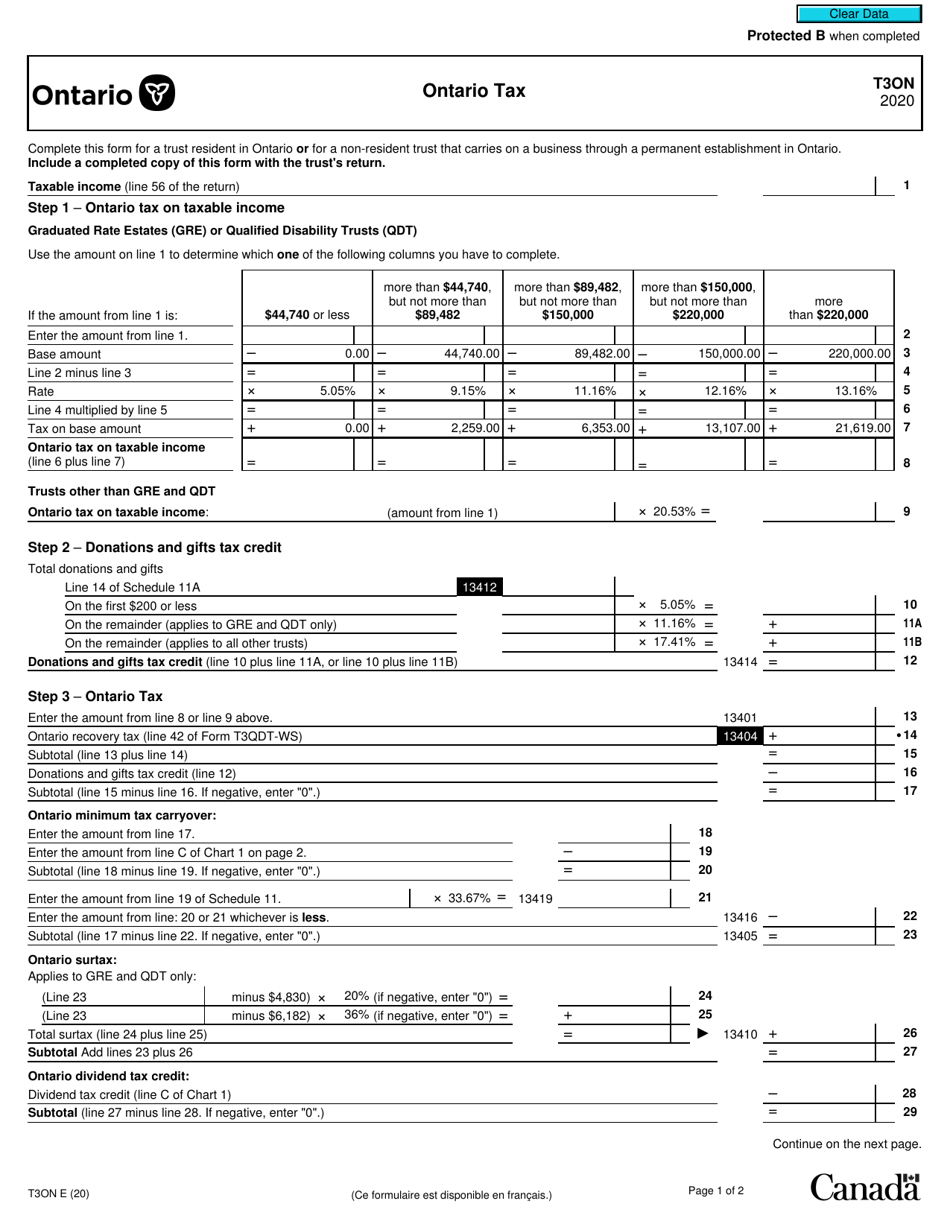 Form T3ON Download Fillable PDF or Fill Online Ontario Tax 2020