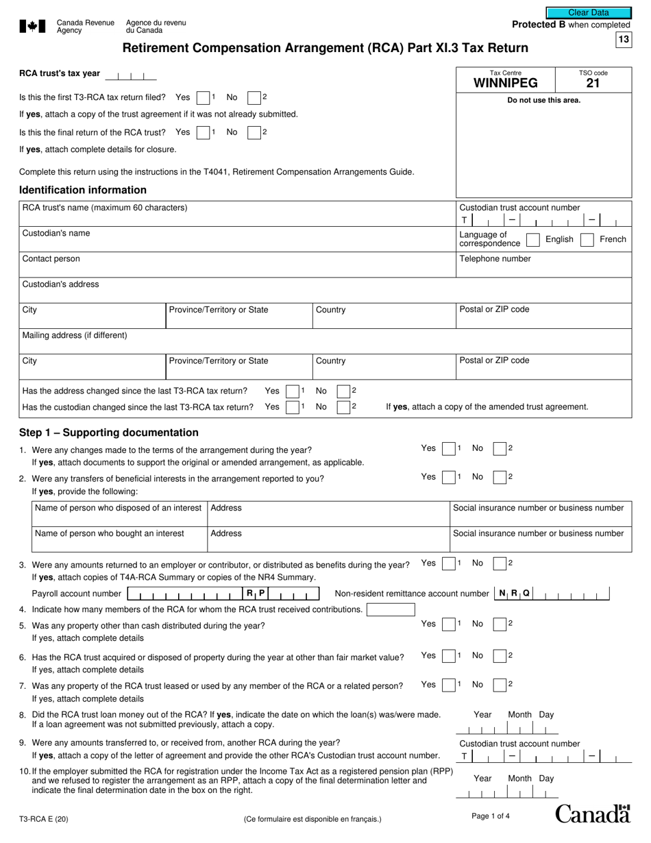 Form T3-RCA Retirement Compensation Arrangement (Rca) Part XI.3 Tax Return - Canada, Page 1