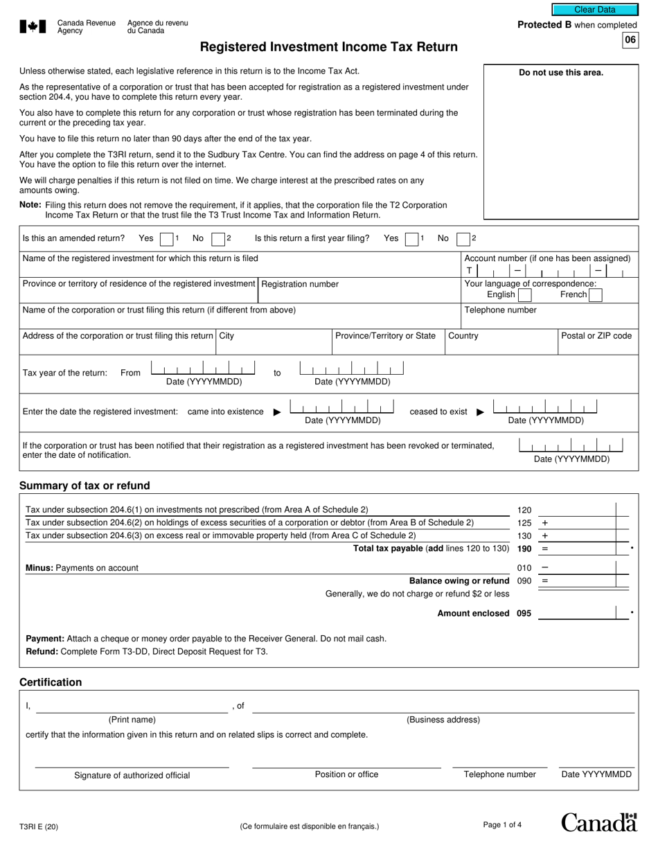 Form T3RI Registered Investment Income Tax Return - Canada, Page 1