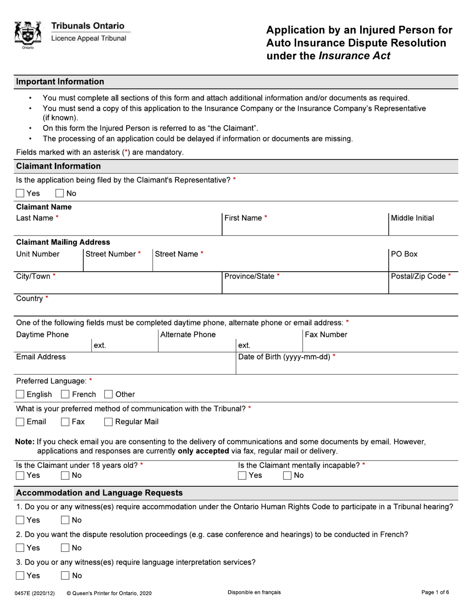 Form 0457E Application by an Injured Person for Auto Insurance Dispute Resolution Under the Insurance Act - Ontario, Canada, Page 1