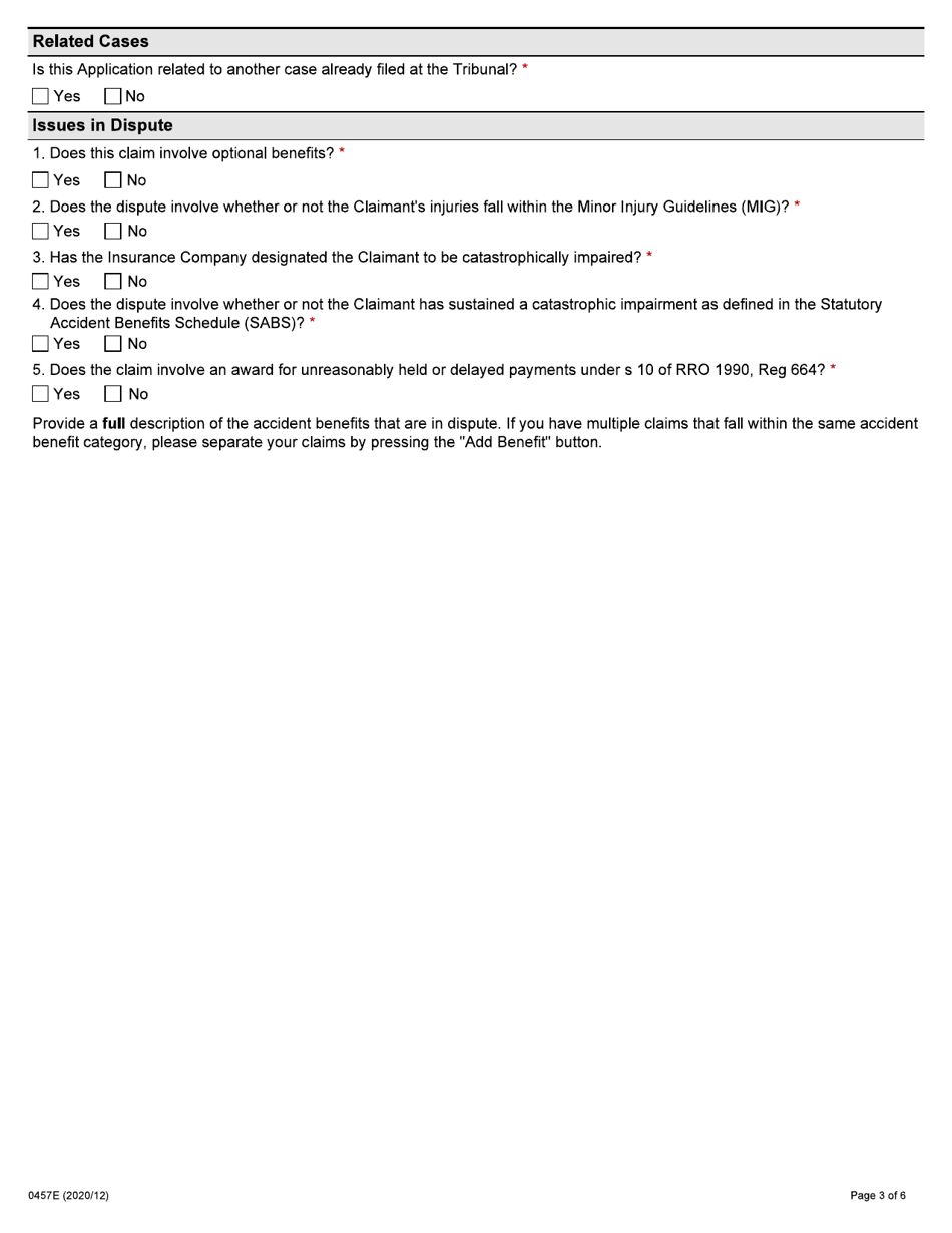 Form 0457E Application by an Injured Person for Auto Insurance Dispute Resolution Under the Insurance Act - Ontario, Canada, Page 3