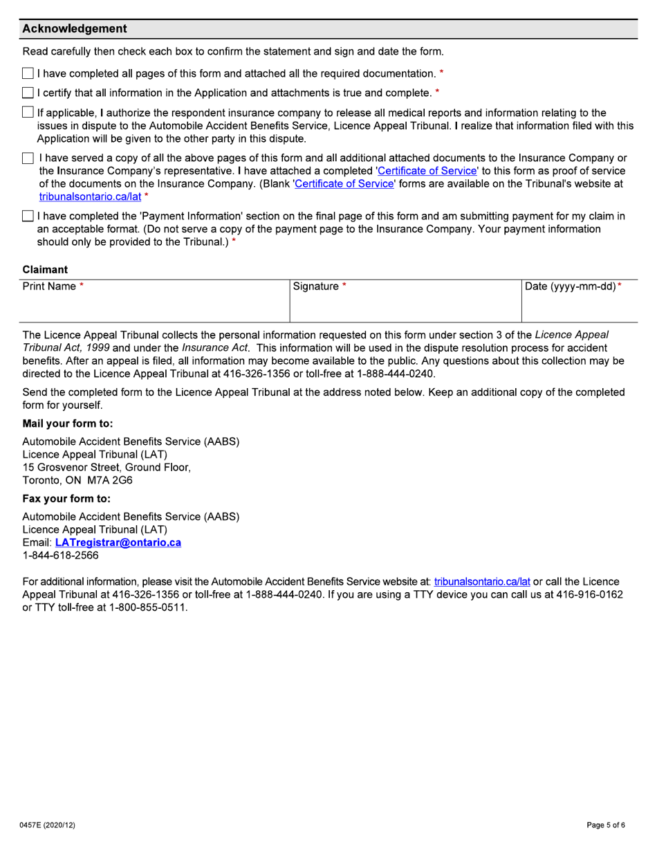 Form 0457E Application by an Injured Person for Auto Insurance Dispute Resolution Under the Insurance Act - Ontario, Canada, Page 5