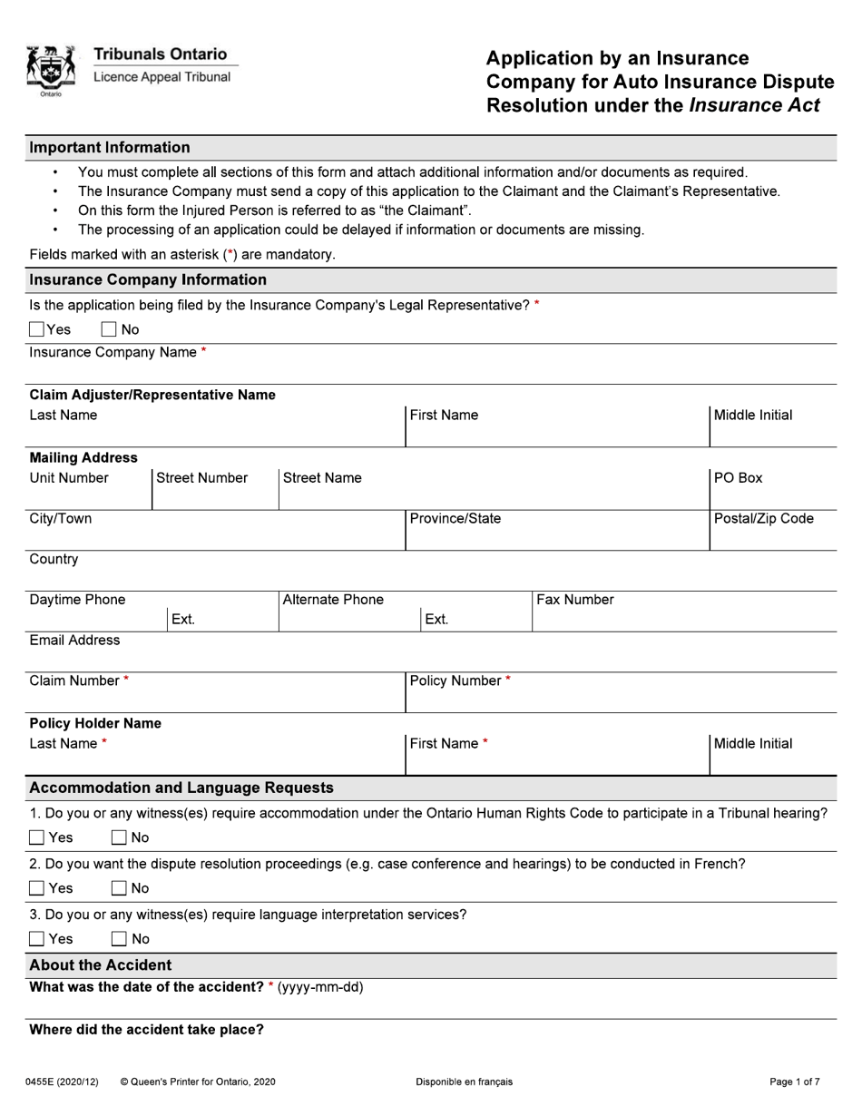 Form 0455E Application by an Insurance Company for Auto Insurance Dispute Resolution Under the Insurance Act - Ontario, Canada, Page 1