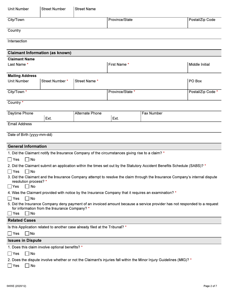Form 0455E Application by an Insurance Company for Auto Insurance Dispute Resolution Under the Insurance Act - Ontario, Canada, Page 2