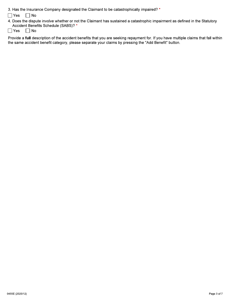Form 0455E Application by an Insurance Company for Auto Insurance Dispute Resolution Under the Insurance Act - Ontario, Canada, Page 3