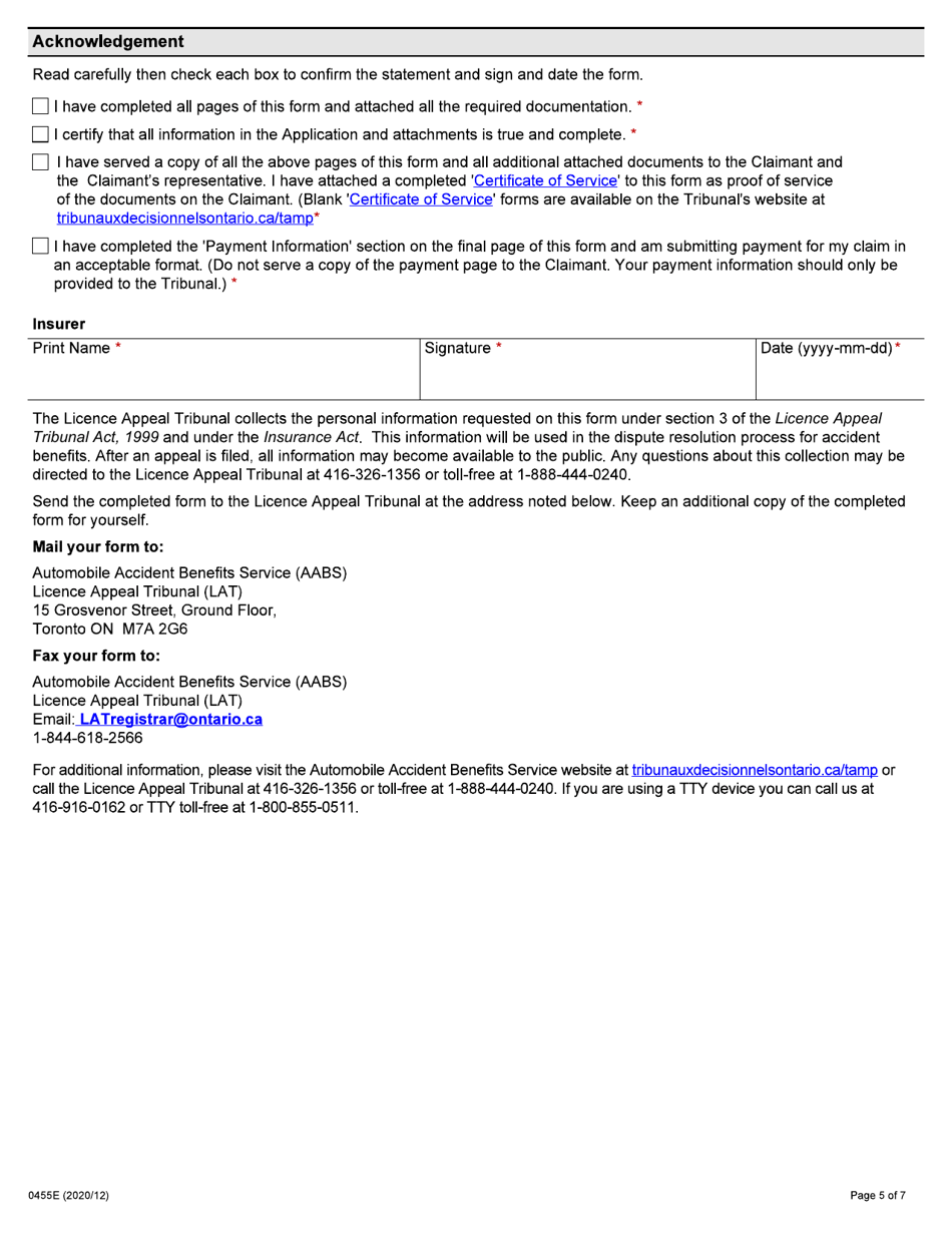 Form 0455E Application by an Insurance Company for Auto Insurance Dispute Resolution Under the Insurance Act - Ontario, Canada, Page 5
