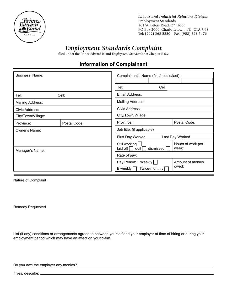 Form DG-241 Employment Standards Complaint Form - Prince Edward Island, Canada, Page 1