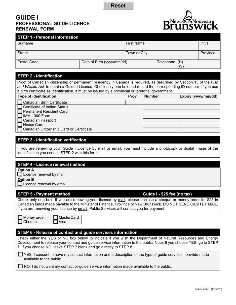 Form 60-6364E Guide I Licence Renewal Form - New Brunswick, Canada, Page 1