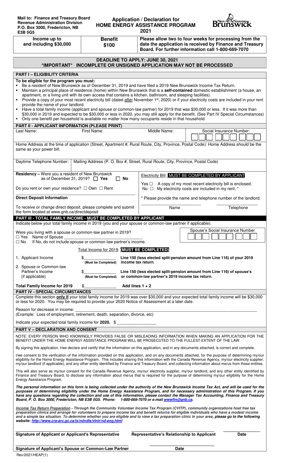 2021 New Brunswick Canada Application Declaration For Home Energy 