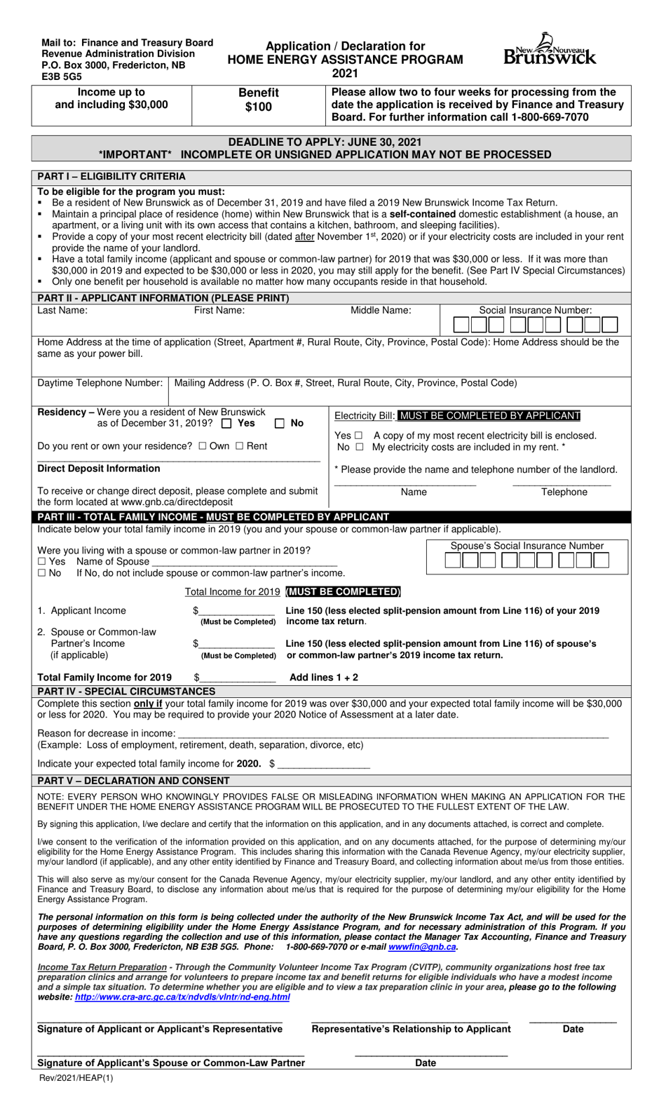 Application / Declaration for Home Energy Assistance Program - New Brunswick, Canada, Page 1