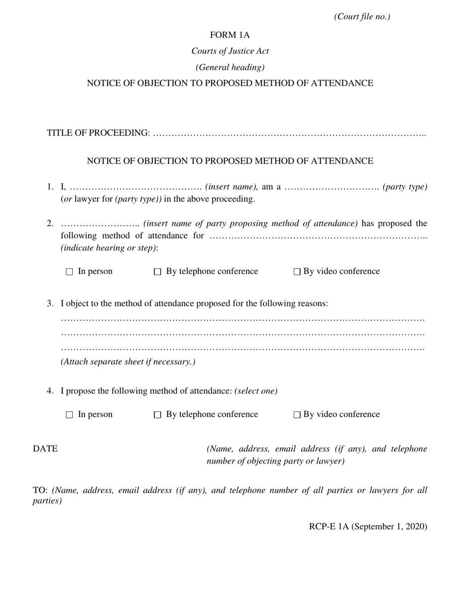 Form 1A Notice of Objection to Proposed Method of Attendance - Ontario, Canada, Page 1