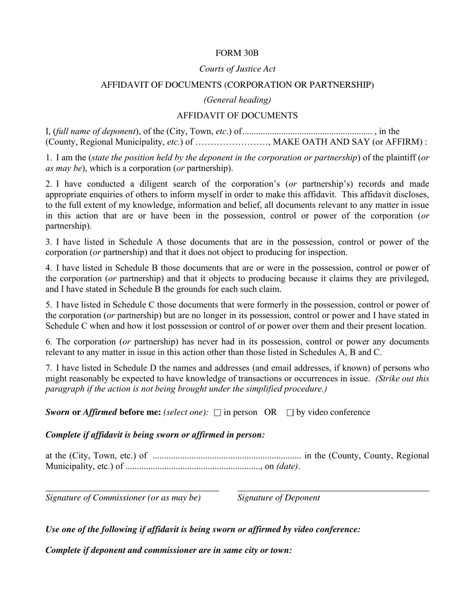 Form 30B Download Printable PDF or Fill Online Affidavit of Documents