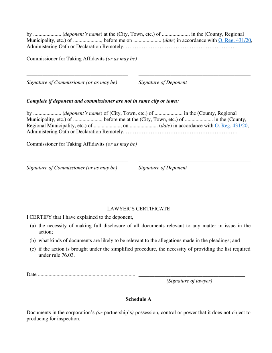 Form 30B Affidavit of Documents (Corporation or Partnership) - Ontario, Canada, Page 2