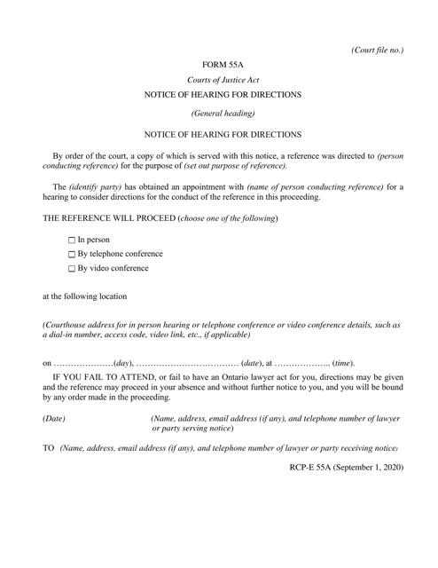 Form 55A Notice of Hearing for Directions - Ontario, Canada