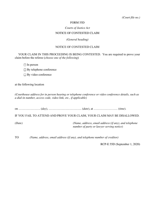 Form 55D Notice of Contested Claim - Ontario, Canada