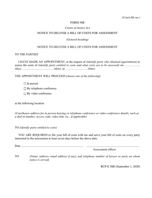 Form 58B Notice to Deliver a Bill of Costs for Assessment - Ontario, Canada