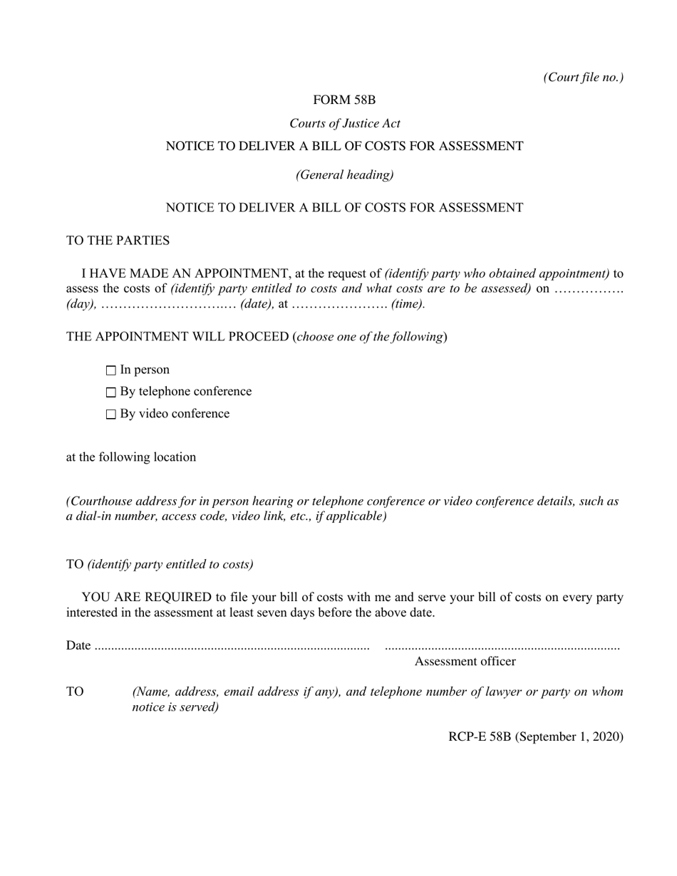 Form 58B Notice to Deliver a Bill of Costs for Assessment - Ontario, Canada, Page 1
