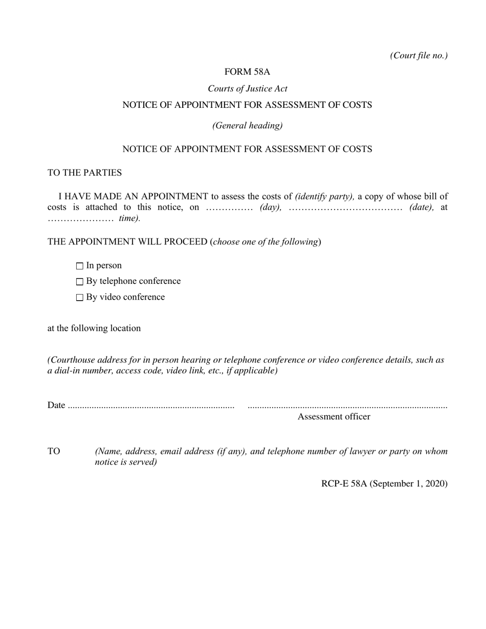 Form 58A Notice of Appointment for Assessment of Costs - Ontario, Canada, Page 1