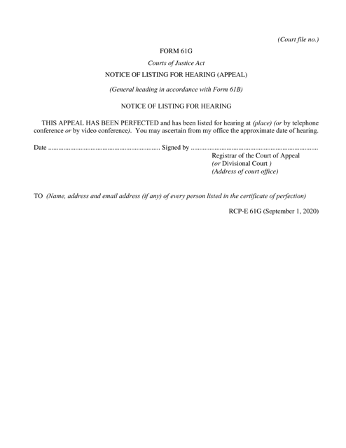 Form 61G Notice of Listing for Hearing (Appeal) - Ontario, Canada