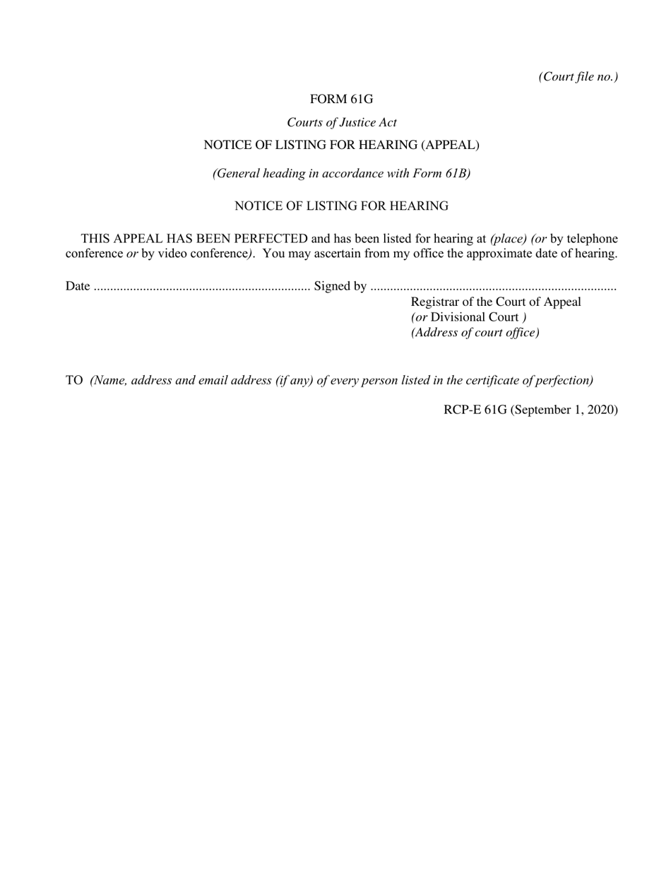 Form 61G Notice of Listing for Hearing (Appeal) - Ontario, Canada, Page 1