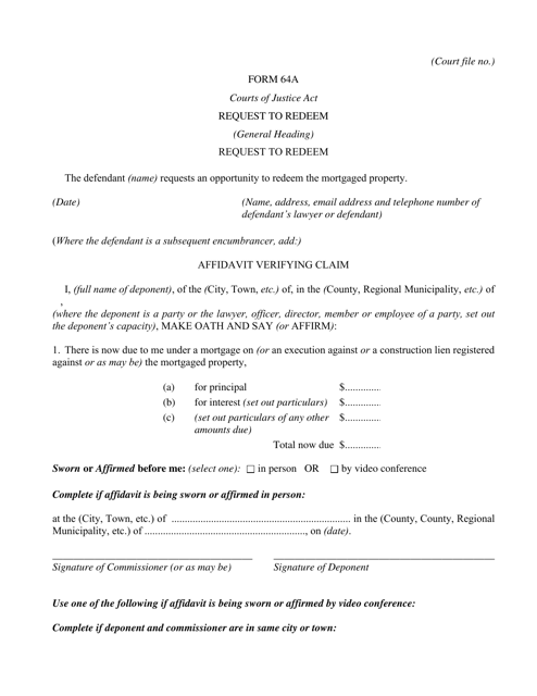 Form 64A Request to Redeem - Ontario, Canada