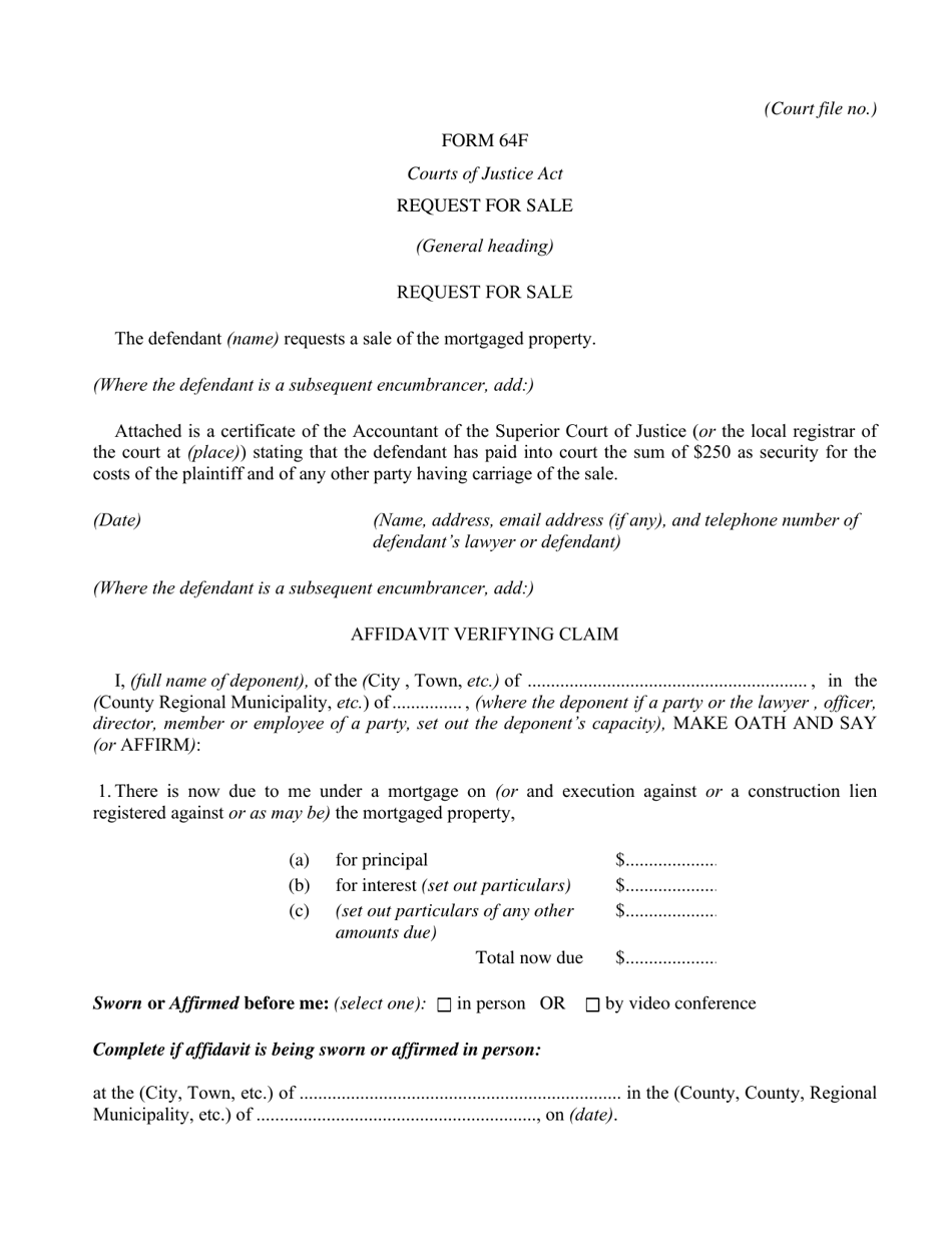 Form 64F Request for Sale - Ontario, Canada, Page 1