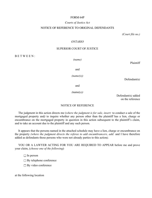Form 64P Notice of Reference to Original Defendants - Ontario, Canada