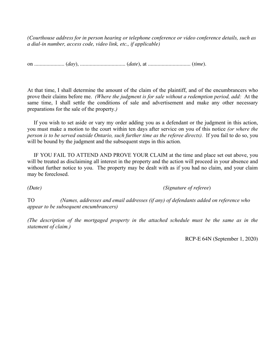 Form 64N Notice of Reference to Subsequent Encumbrancer Added on Reference - Ontario, Canada, Page 2