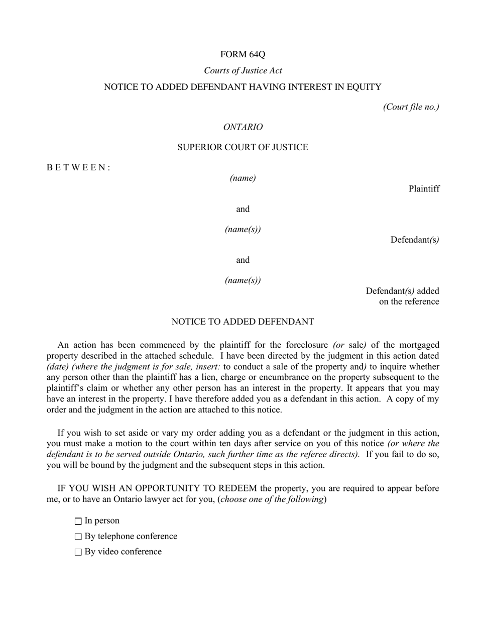 Form 64Q Notice to Added Defendant Having Interest in Equity - Ontario, Canada, Page 1