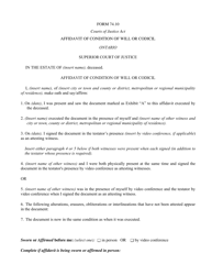 Document preview: Form 74.10 Affidavit of Condition of Will or Codicil - Ontario, Canada