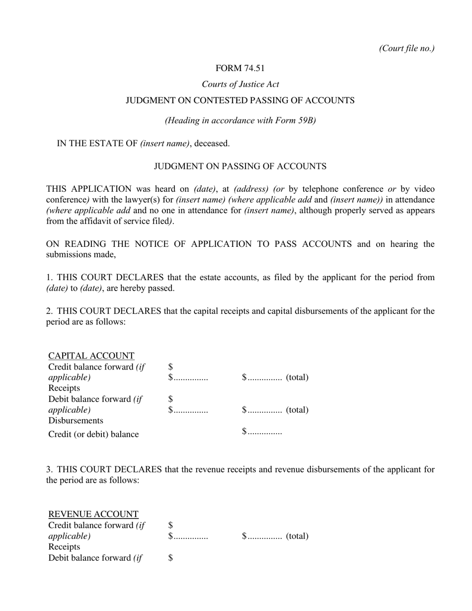 Form 74.51 Judgment on Contested Passing of Accounts - Ontario, Canada, Page 1