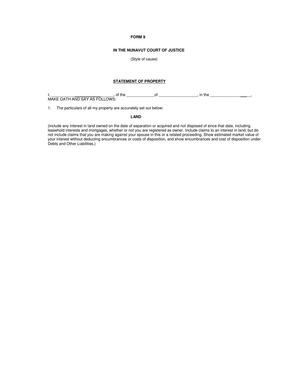 Form 9 Statement of Property - Nunavut, Canada, Page 1