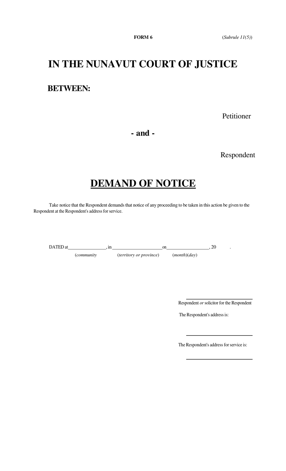 Form 6 Demand of Notice - Nunavut, Canada, Page 1