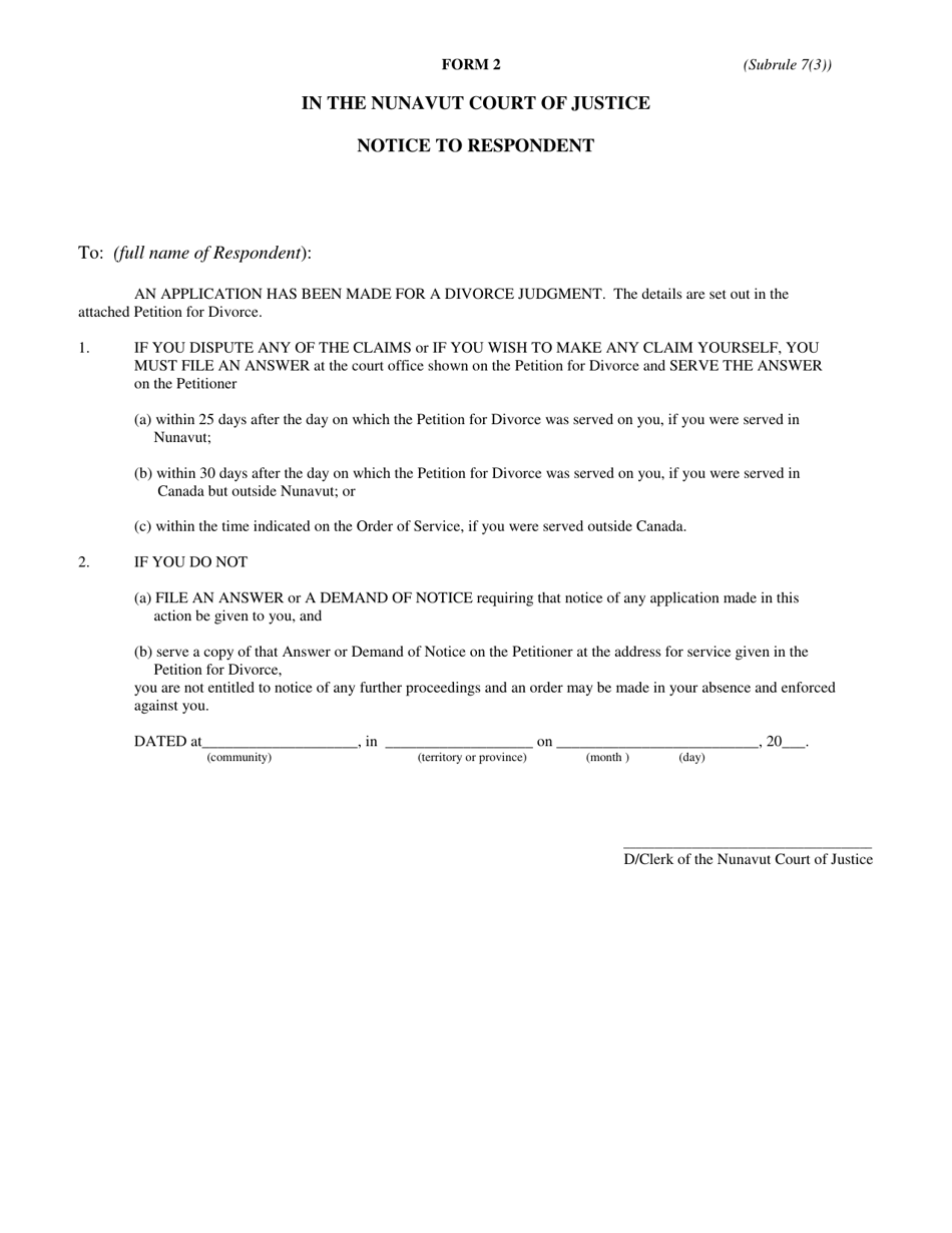 Form 2 Notice to Respondent - Nunavut, Canada, Page 1
