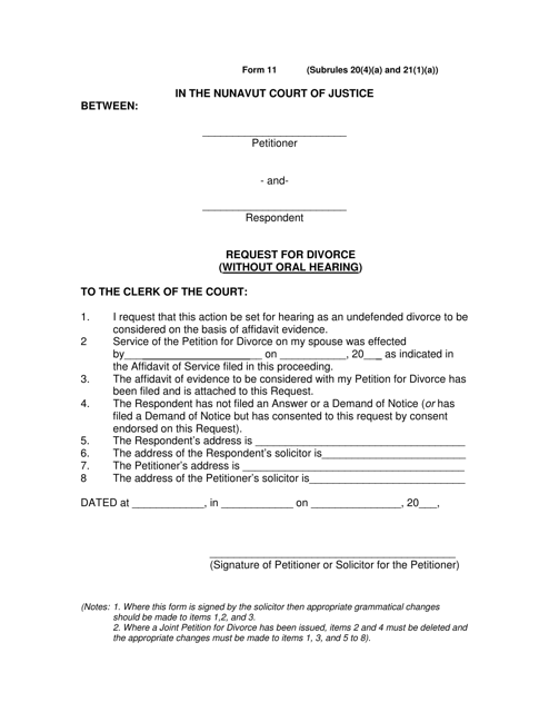 Form 11 Request for Divorce (Without Oral Hearing) - Nunavut, Canada