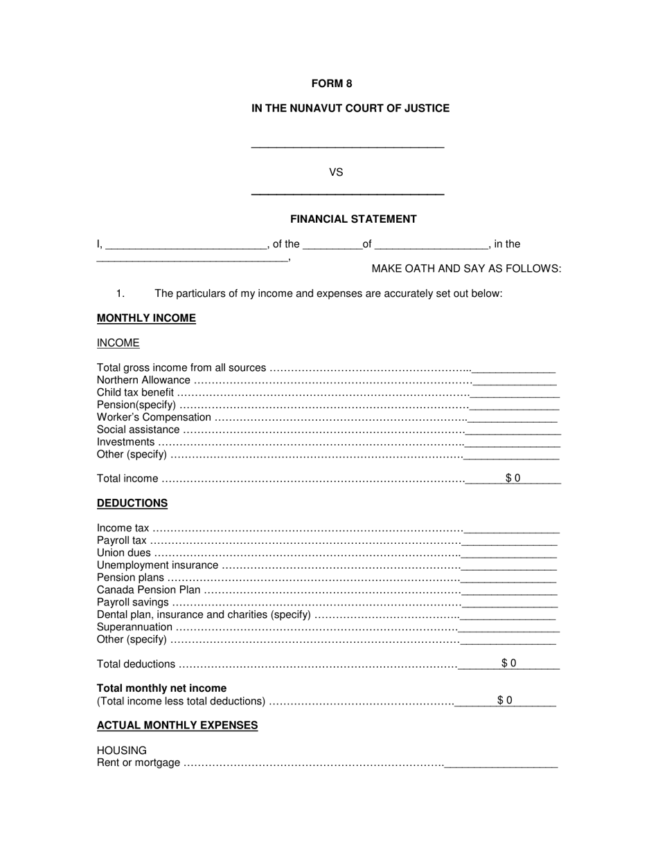 Form 8 Financial Statement - Nunavut, Canada, Page 1