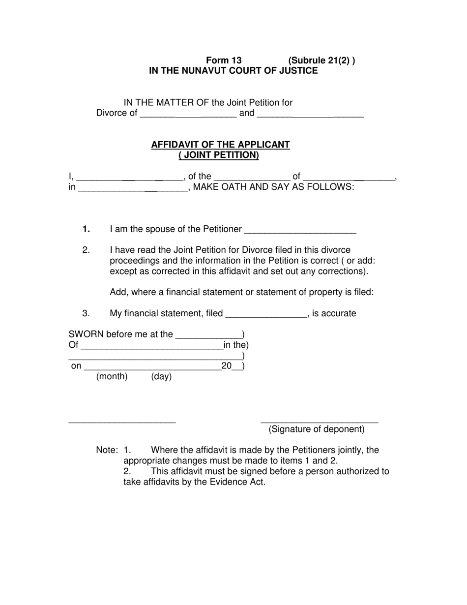 Form 13 - Fill Out, Sign Online and Download Fillable PDF, Nunavut ...