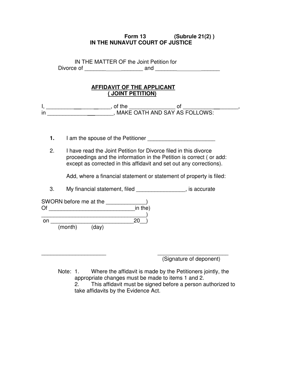Form 13 Affidavit of the Applicant (Joint Petition) - Nunavut, Canada, Page 1