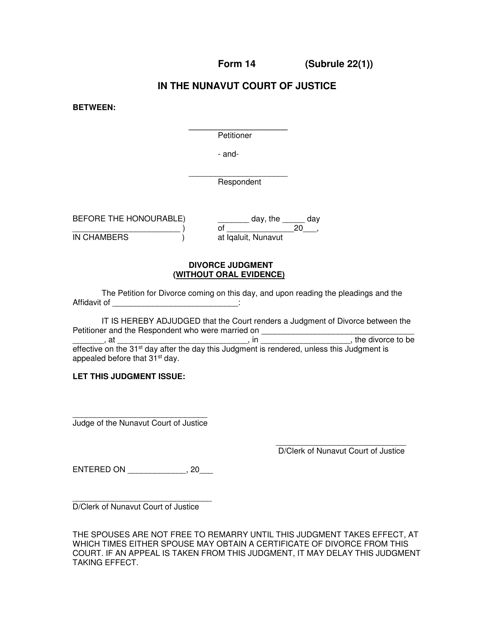 Form 14 Divorce Judgment (Without Oral Evidence) - Nunavut, Canada