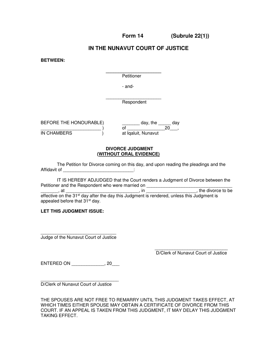 Form 14 Divorce Judgment (Without Oral Evidence) - Nunavut, Canada, Page 1