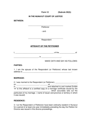 Form 12 &quot;Affidavit of the Petitioner&quot; - Nunavut, Canada