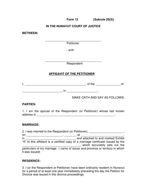 Form 12 Affidavit of the Petitioner - Nunavut, Canada
