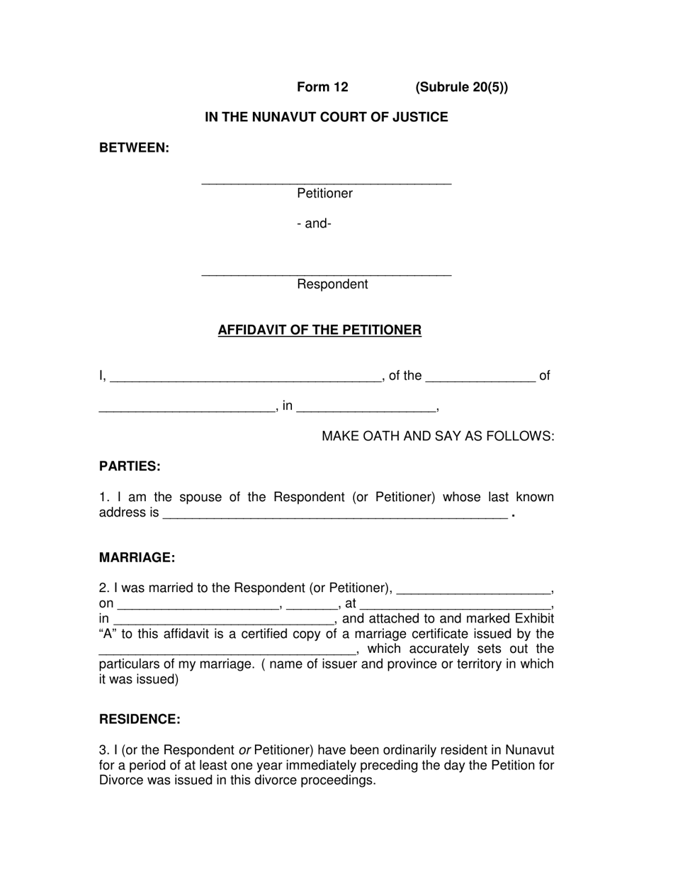 Form 12 Affidavit of the Petitioner - Nunavut, Canada, Page 1